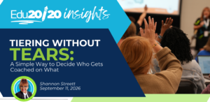 Tiering Without Tears: A Simple Way to Decide Who Gets Coached on What. By Shannon Streett, September 11, 2026. Includes the author’s portrait and a PD participant raising their hand.